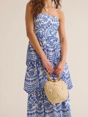 Strapless Blue and White Printed Tiered Maxi Dress